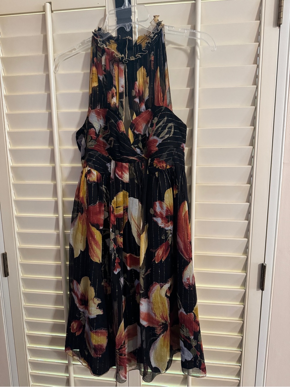 Anthropologie Black Halter Midi Dress with Red and Yellow Floral Print